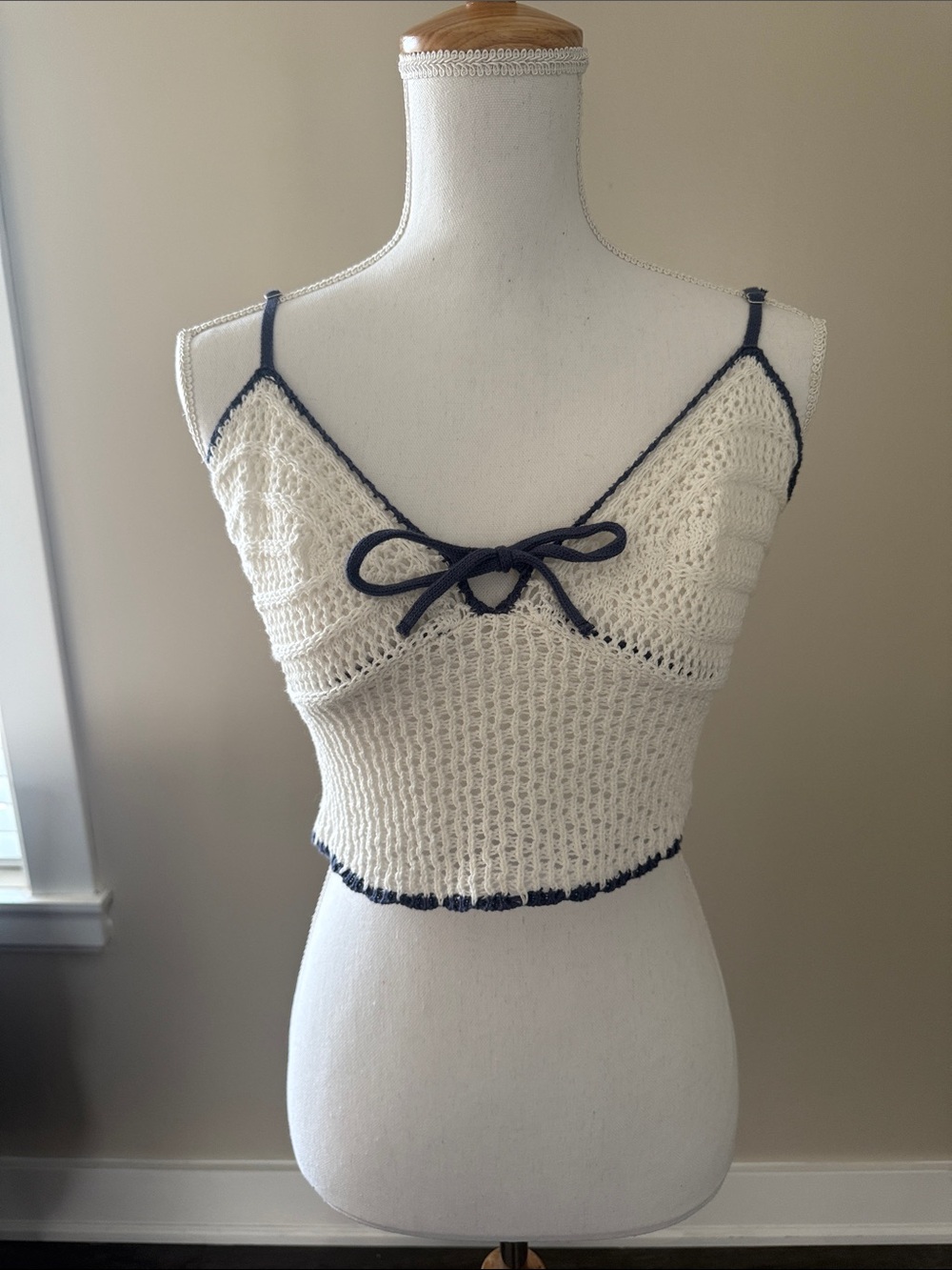 Cream Crochet Tie-Front Crop Top with Navy Trim